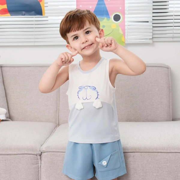 Bộ bé trai La Pomme bamboo xanh dương - trắng