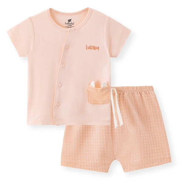 Bộ tay ngắn cài lệch kẻ caro Lullaby NH442N màu nâu be 4