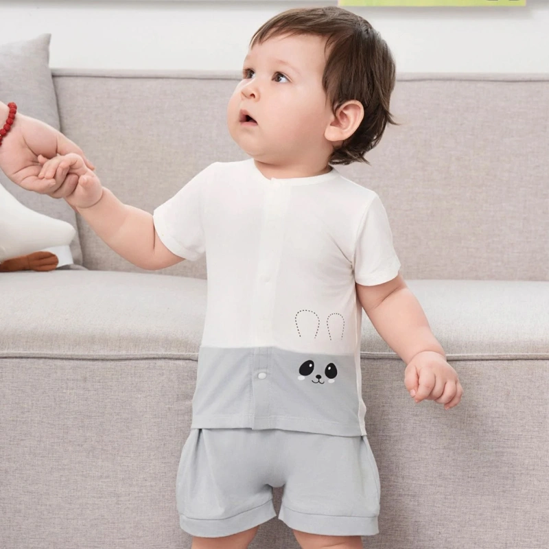 Bộ tay ngắn cài giữa bạn nhỏ dễ thương La Pomme màu ghi - trắng 2