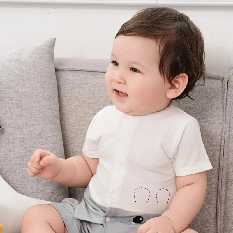 Bộ tay ngắn cài giữa bạn nhỏ dễ thương La Pomme màu ghi - trắng 3