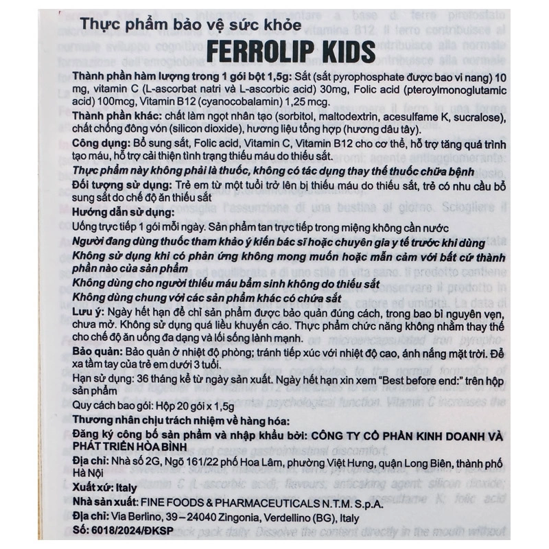 Ferrolip Kids bổ sung sắt hương dâu, 20 gói dạng bột (từ 1 tuổi) 4