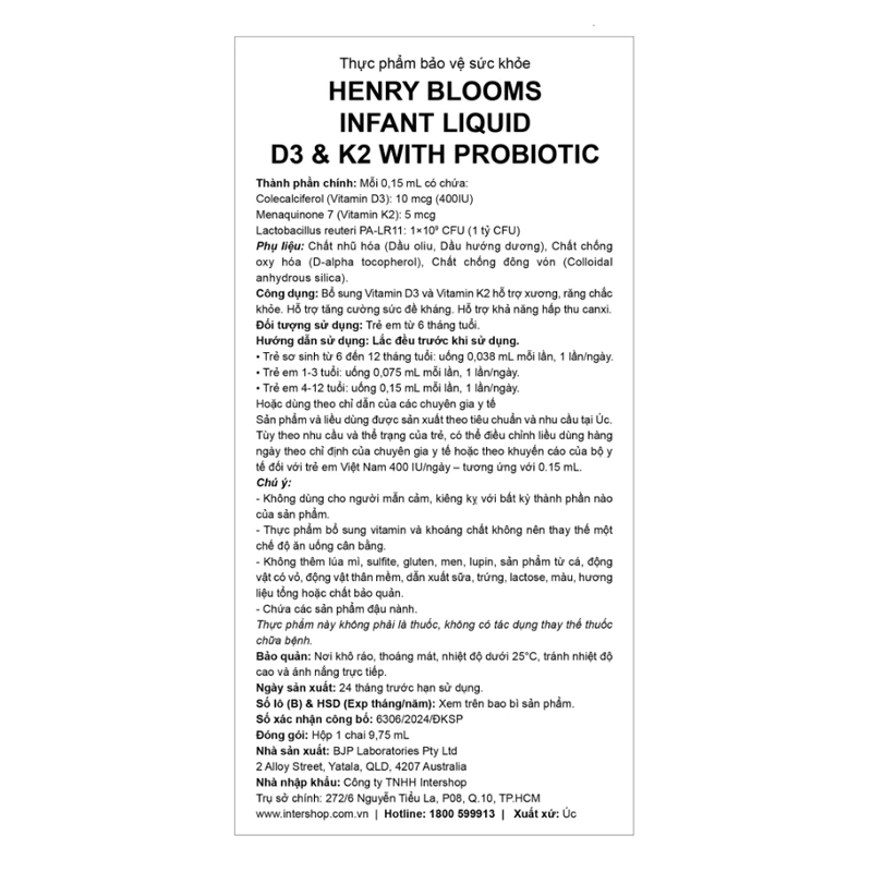 Henry Blooms D3K2 With Probiotic hỗ trợ xương, răng chắc khỏe, 9.75 ml dạng nhỏ giọt (từ 6 tháng) 5