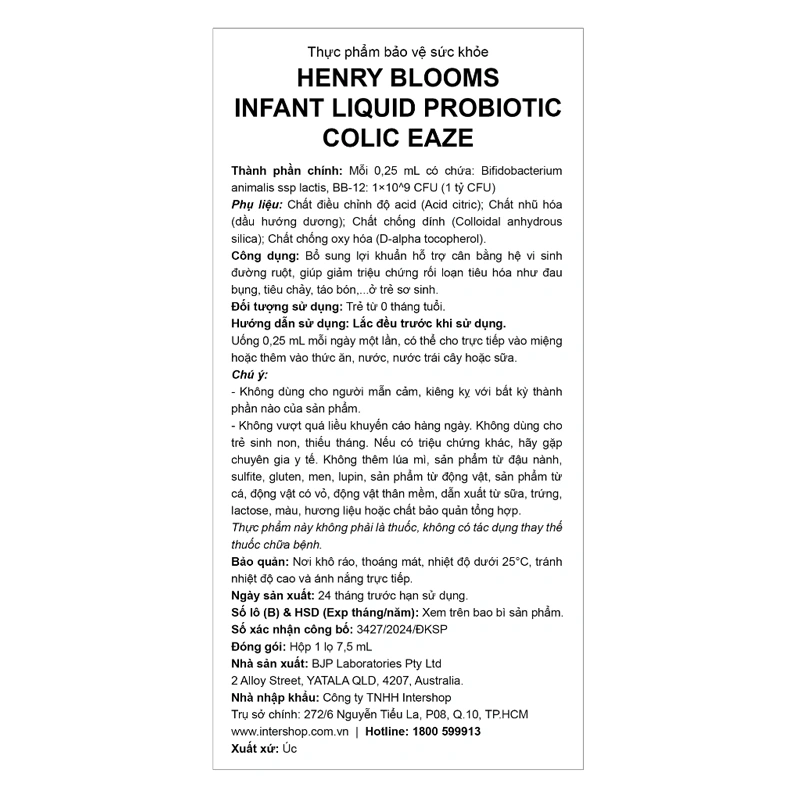Henry Blooms Infant Liquid Probiotic Colic Eaze bổ sung lợi khuẩn cải thiện tiêu hóa, 7.5 ml dạng nhỏ giọt (từ 0 tháng) 5