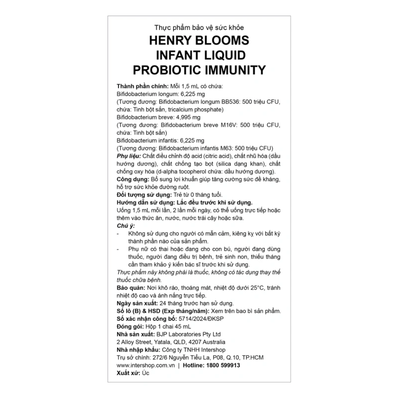 Henry Blooms Infant Liquid Probiotic Immunity bổ sung lợi khuẩn, 45 ml dạng nhỏ giọt (từ 0 tháng) 5