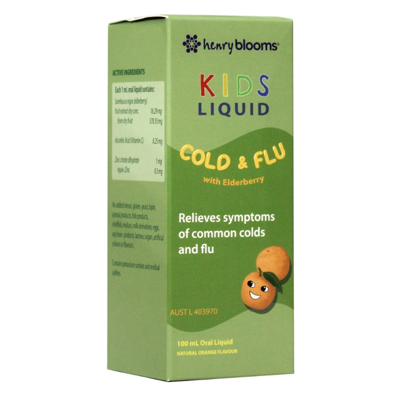 Henry Blooms Kids Liquid Cold And Flu With Elderberry hỗ trợ giảm ho, sổ mũi hương cam, 100 ml dạng nhỏ giọt (2 - 12 tuổi) 2