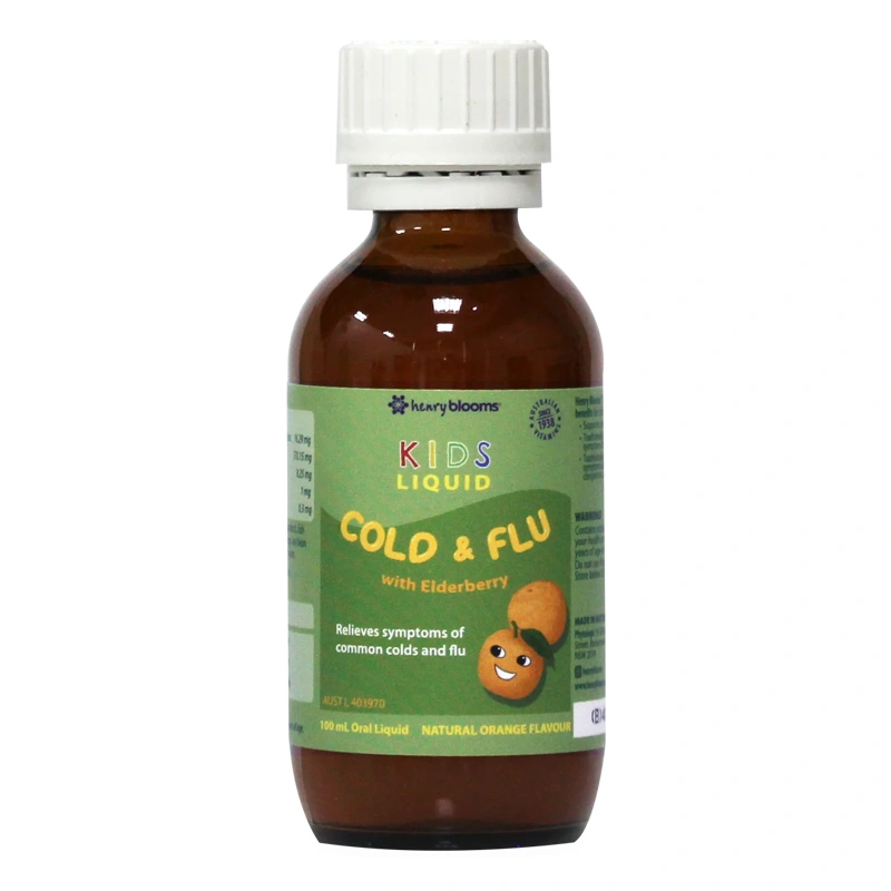 Henry Blooms Kids Liquid Cold And Flu With Elderberry hỗ trợ giảm ho, sổ mũi hương cam, 100 ml dạng nhỏ giọt (2 - 12 tuổi) 4