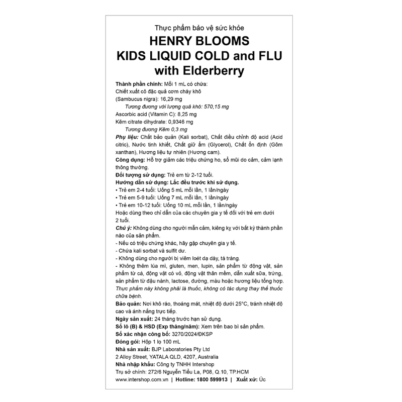 Henry Blooms Kids Liquid Cold And Flu With Elderberry hỗ trợ giảm ho, sổ mũi hương cam, 100 ml dạng nhỏ giọt (2 - 12 tuổi) 5