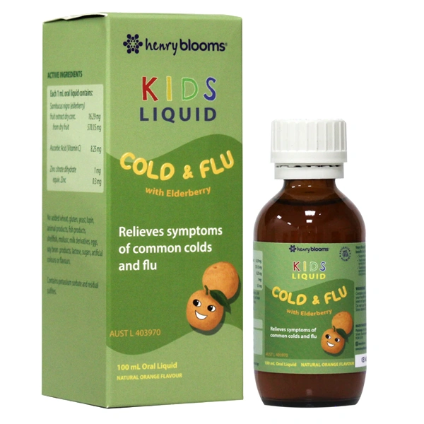 Henry Blooms Kids Liquid Cold And Flu With Elderberry hỗ trợ giảm ho, sổ mũi hương cam, 100 ml dạng nhỏ giọt (2 - 12 tuổi) 1