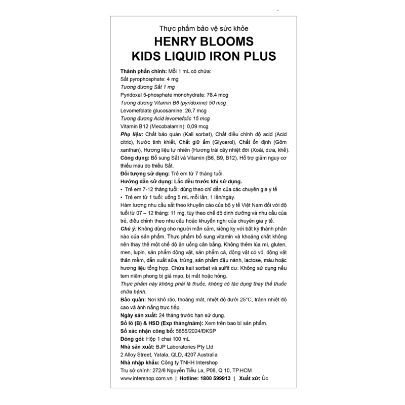 Henry Blooms Kids Liquid Iron Plus bổ sung sắt, cải thiện thiếu máu do thiếu sắt hương trái cây, 100 ml dạng nhỏ giọt (từ 7 tháng) 5