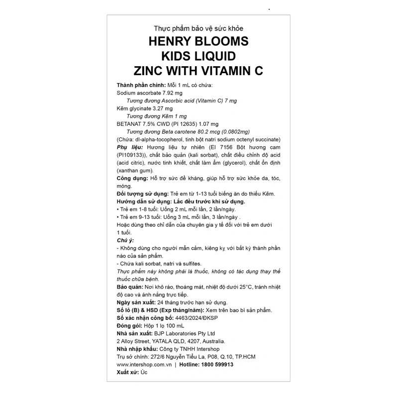 Henry Blooms Kids Liquid Zinc With Vitamin C hỗ trợ sức đề kháng hương cam, 100 ml dạng nhỏ giọt (1 - 13 tuổi) 5