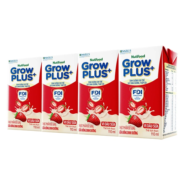 Lốc 4 hộp sữa pha sẵn Nutifood GrowPLUS+ đỏ hương dâu 110 ml cho trẻ suy dinh dưỡng, thấp còi (từ 1 tuổi) 1