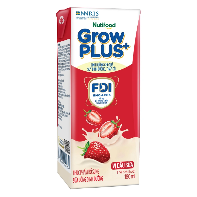 Thùng 24 hộp sữa pha sẵn Nutifood GrowPLUS+ đỏ hương dâu 180 ml cho trẻ suy dinh dưỡng, thấp còi (từ 1 tuổi) 10