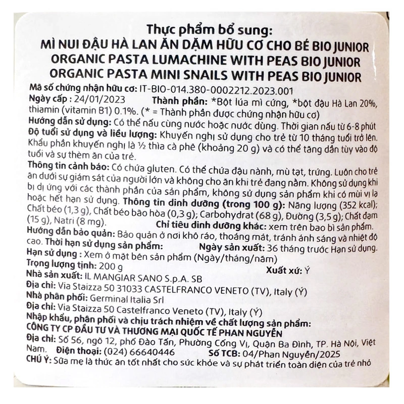 Nui ăn dặm hữu cơ đậu Hà Lan BioJunior 200g (từ 10 tháng) 5