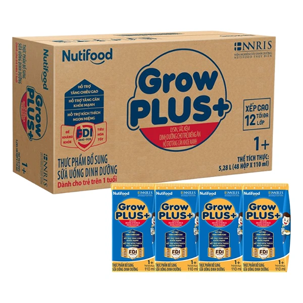 Thùng 48 hộp sữa pha sẵn Nutifood GrowPLUS+ xanh 1+ hương vani 110 ml cho trẻ biếng ăn (1 - 2 tuổi) 1