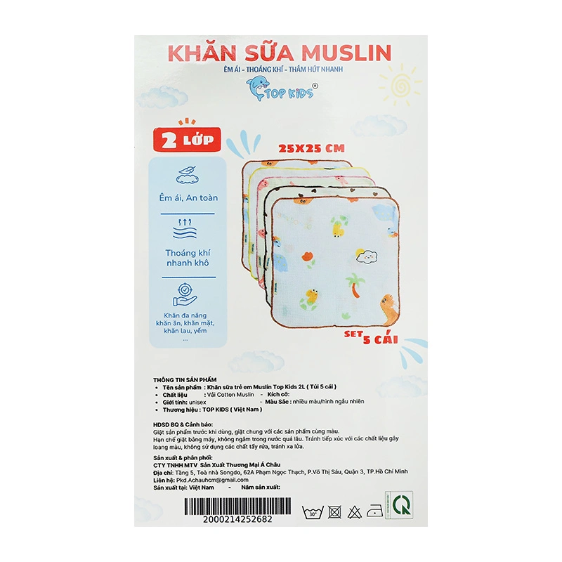 Set 5 cái khăn sữa cotton TOP KIDS 2 lớp 25x25 cm - Hoạ tiết ngẫu nhiên 9