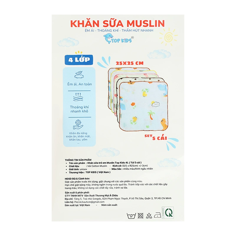 Set 5 cái khăn sữa cotton TOP KIDS 4 lớp 25x25 cm - Màu ngẫu nhiên 9