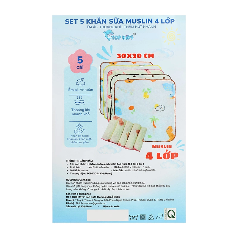 Set 5 cái khăn sữa cotton TOP KIDS 4 lớp 30x30 cm - Màu ngẫu nhiên 10