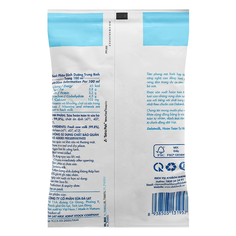 Sữa tươi tiệt trùng Dalat Milk không đường 220 ml (từ 1 tuổi) 3