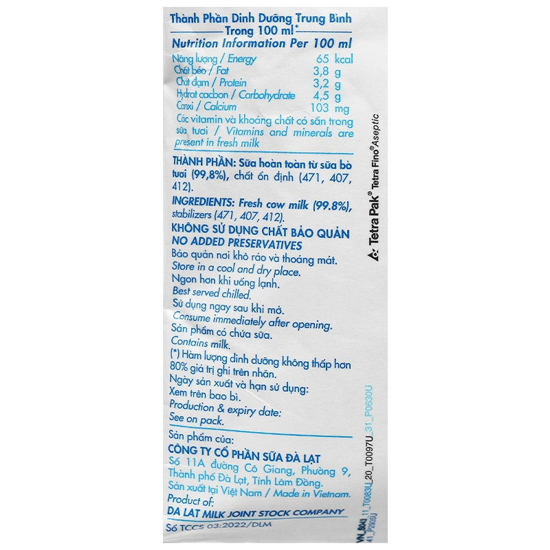 Sữa tươi tiệt trùng Dalat Milk không đường 220 ml (từ 1 tuổi) 6