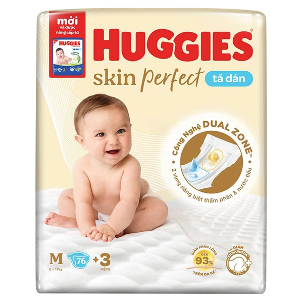 Tã dán Huggies Skin Perfect size M 76 + 3 miếng (6 - 11 kg) - Giao bao bì cộng miếng ngẫu nhiên 1