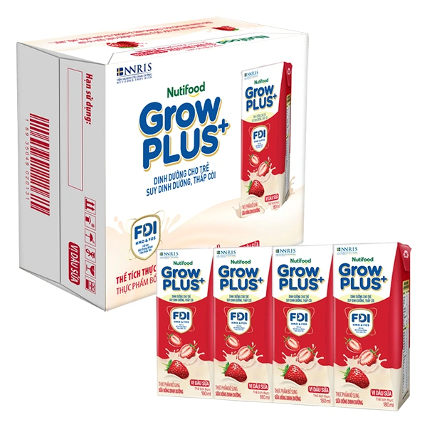 Thùng 24 hộp sữa pha sẵn Nutifood GrowPLUS+ đỏ hương dâu 180 ml cho trẻ suy dinh dưỡng, thấp còi (từ 1 tuổi) 1