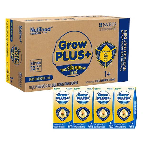 Thùng 48 hộp sữa non pha sẵn Nutifood GrowPLUS+ vàng 1+ hương vani 110 ml (1 - 2 tuổi) 1
