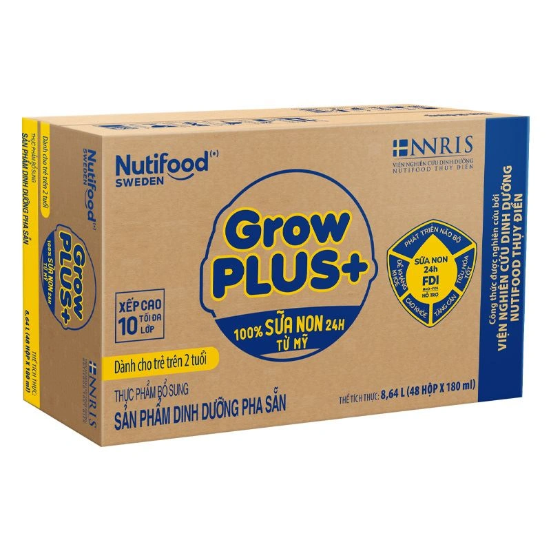 Lốc 4 hộp sữa non pha sẵn Nutifood GrowPLUS+ vàng hương vani 180 ml (từ 2 tuổi) 12