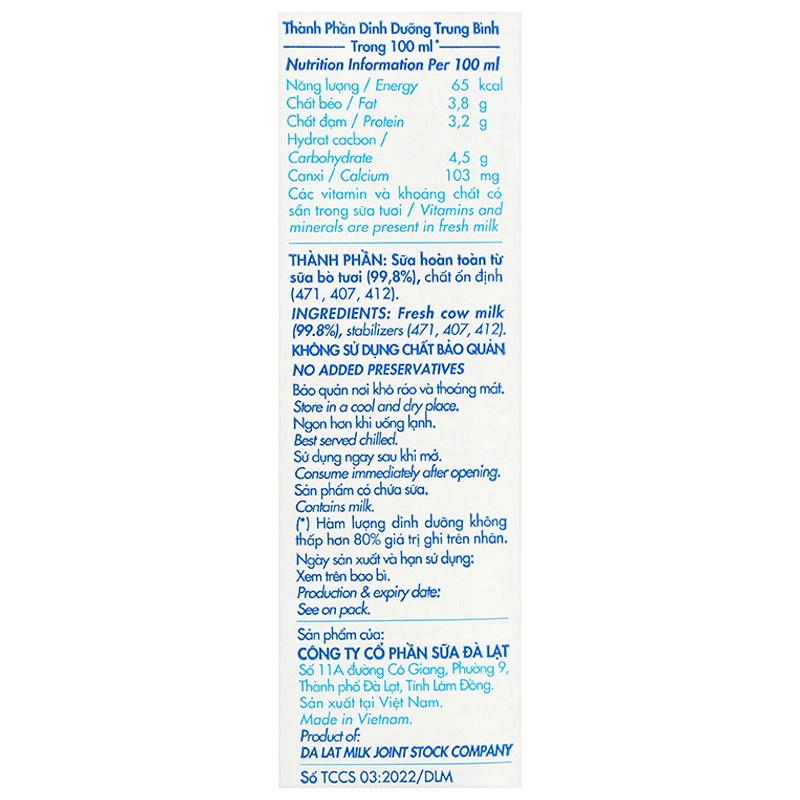Lốc 4 hộp sữa tươi tiệt trùng Dalat Milk không đường 180 ml (từ 1 tuổi) 25