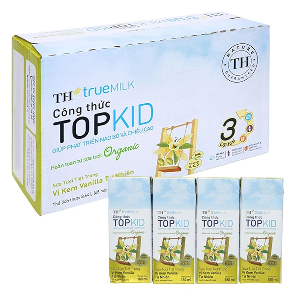 Thùng 48 hộp sữa tươi tiệt trùng TH true MILK TOPKID Organic có đường hương kem vanilla tự nhiên 180 ml (từ 1 tuổi) 1