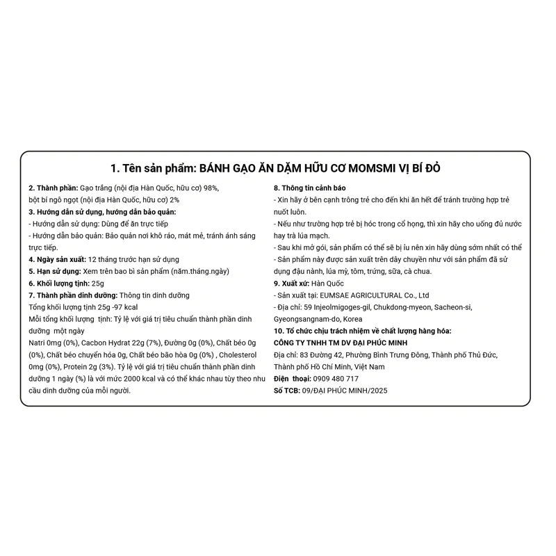 Bánh gạo ăn dặm MOMSMI vị cà rốt gói 25g (từ 6 tháng) 9