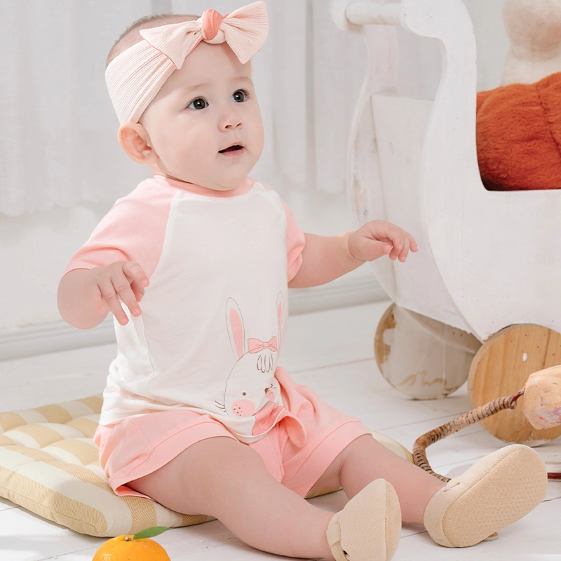 Bộ tay ngắn bé gái La Pomme rong chơi cùng sắc màu màu hồng - trắng 2