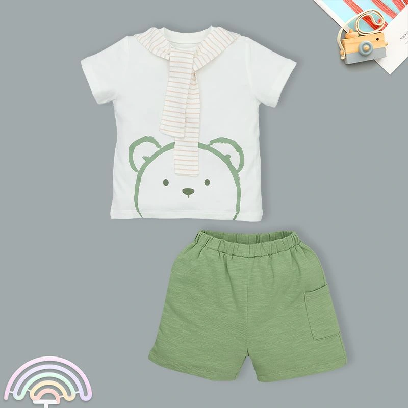 Bộ tay ngắn bé trai La Pomme Funny Baby màu xanh rêu - trắng 2