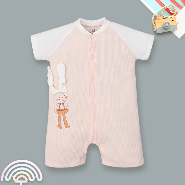 Bodysuit cài giữa raglan bạn thỏ tai dài La Pomme màu hồng - trắng 1