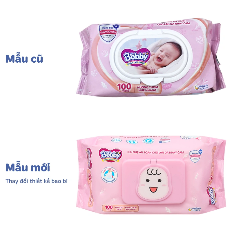 Khăn ướt Bobby dịu nhẹ cho da nhạy cảm hương thơm nhẹ nhàng gói 100 miếng 12