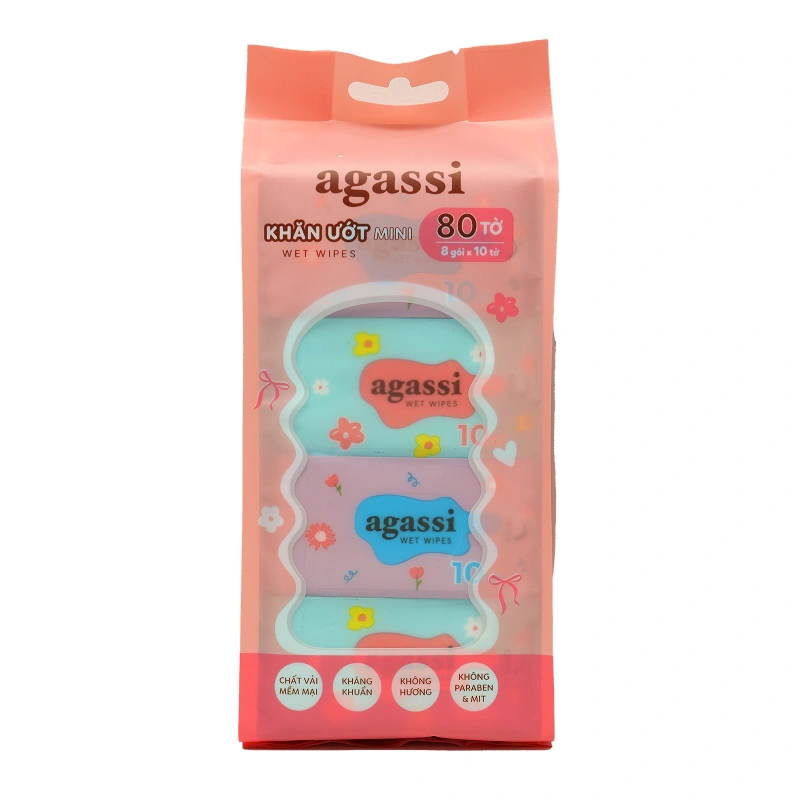 Combo 3 khăn ướt mini Agassi không mùi túi 8 gói (gói 10 miếng) - Màu ngẫu nhiên 2