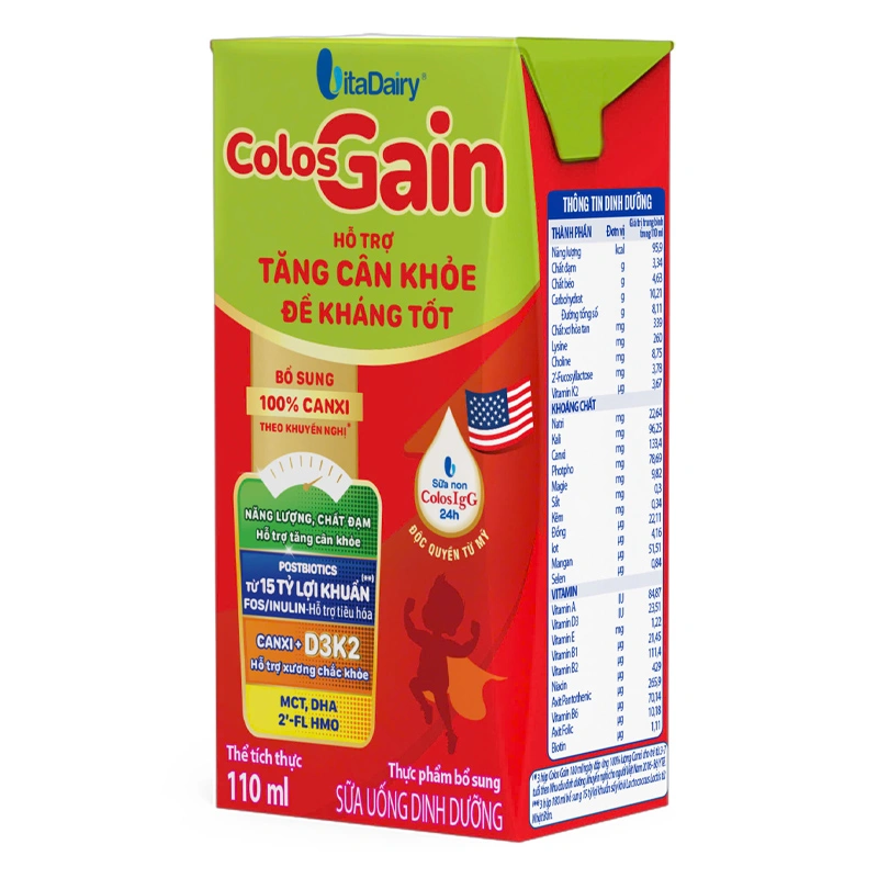 Lốc 4 hộp sữa non pha sẵn Colos Gain hương vani 110 ml (từ 1 tuổi) - Giao bao bì ngẫu nhiên 4