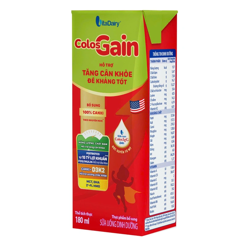Lốc 4 hộp sữa non pha sẵn Colos Gain hương vani 180 ml (từ 1 tuổi) - Giao bao bì ngẫu nhiên 3
