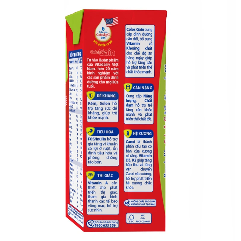 Lốc 4 hộp sữa non pha sẵn Colos Gain hương vani 180 ml (từ 1 tuổi) - Giao bao bì ngẫu nhiên 4
