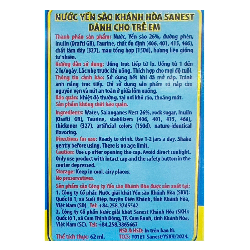 Nước yến sào Khánh Hòa Sanest Kids 62 ml (từ 1 tuổi) 4