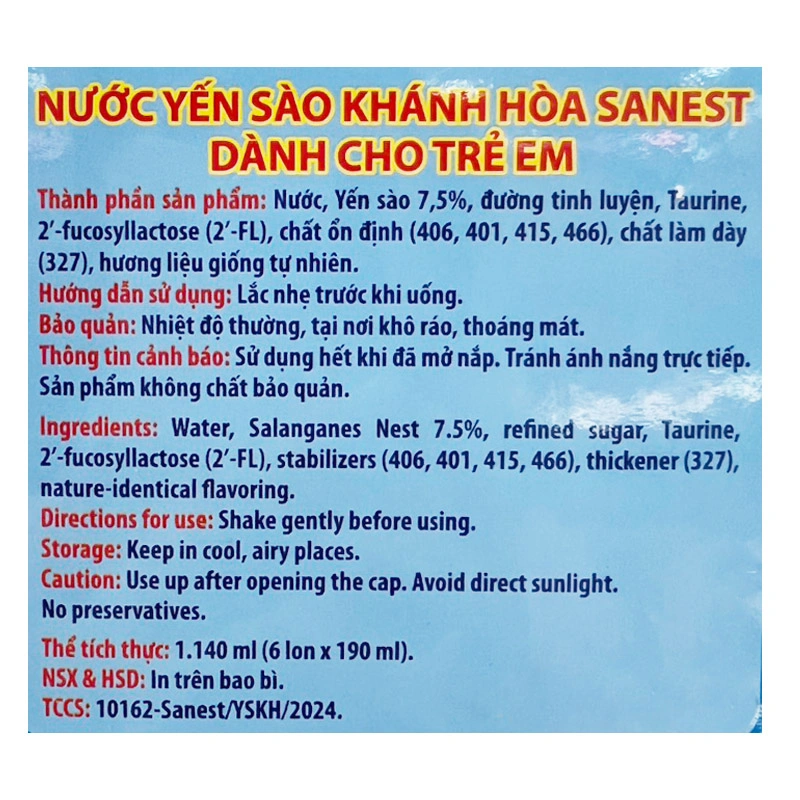 Hộp 6 lon nước yến sào Khánh Hòa Sanest Kids 190 ml (từ 1 tuổi) 6