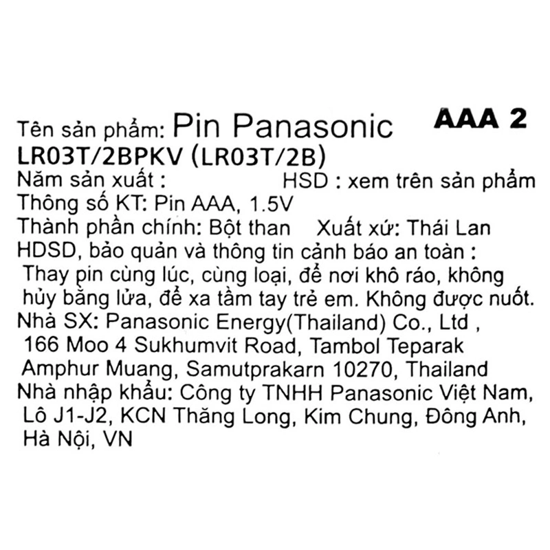 Pin AAA 2 viên Panasonic Alkaline LR03T/2B 6