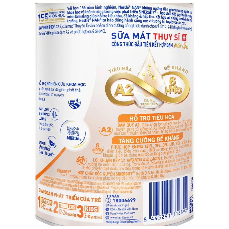 Sữa bột NAN InfiniPro A2 6HMO số 2 (đạm quý A2) 400g (1 - 2 tuổi) 6