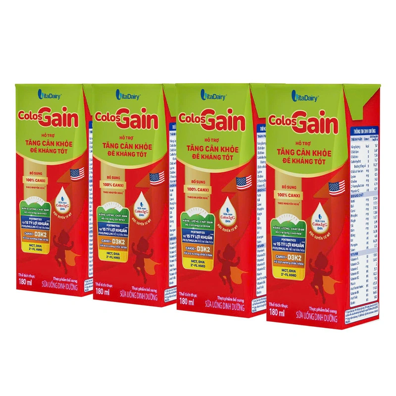 Lốc 4 hộp sữa non pha sẵn Colos Gain hương vani 180 ml (từ 1 tuổi) - Giao bao bì ngẫu nhiên 10