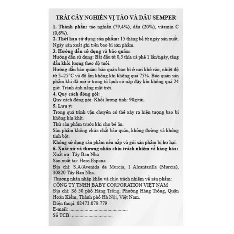 Trái cây nghiền Semper táo, dâu túi 90g (từ 6 tháng) 3