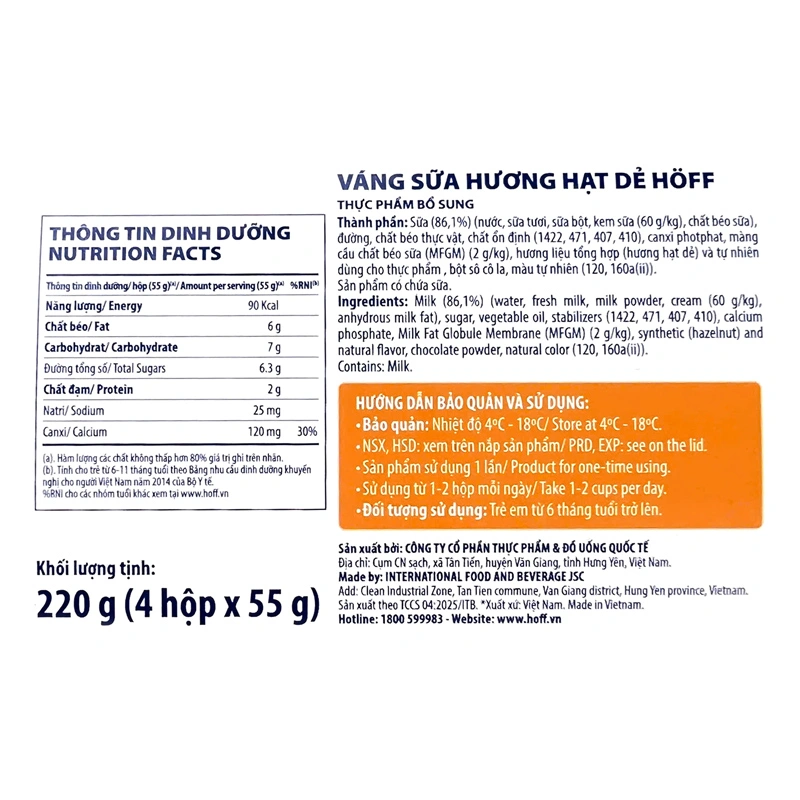 Lốc 4 hũ váng sữa Hoff vị hạt dẻ 55g (từ 6 tháng) - Giao bao bì ngẫu nhiên 4