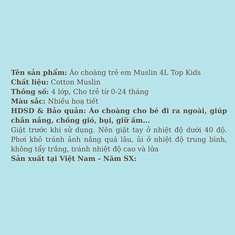 Áo choàng TOP KIDS 4 lớp 0 - 24 tháng - Mẫu ngẫu nhiên 16