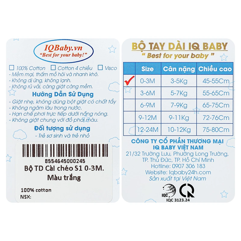 Bộ tay dài cài chéo in hình voi IQ Baby màu trắng 14