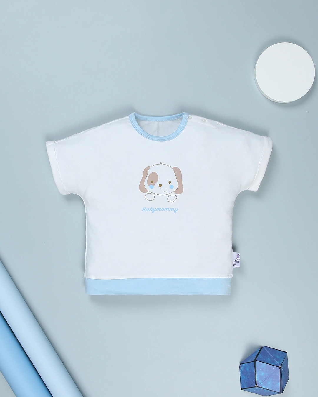 Bộ tay ngắn bé trai BabyMommy cài vai in cún màu trắng - xanh dương 2