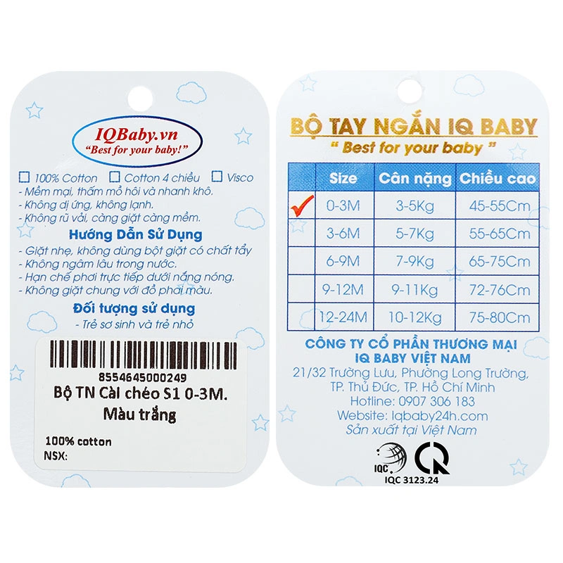 Bộ tay ngắn cài chéo in hình voi IQ Baby màu trắng 12