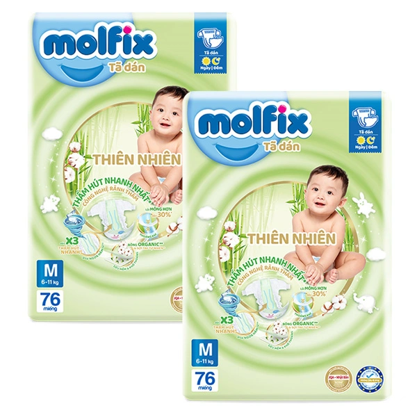 Combo 2 tã dán Molfix thiên nhiên size M 76 miếng/bịch (6 - 11 kg) 1